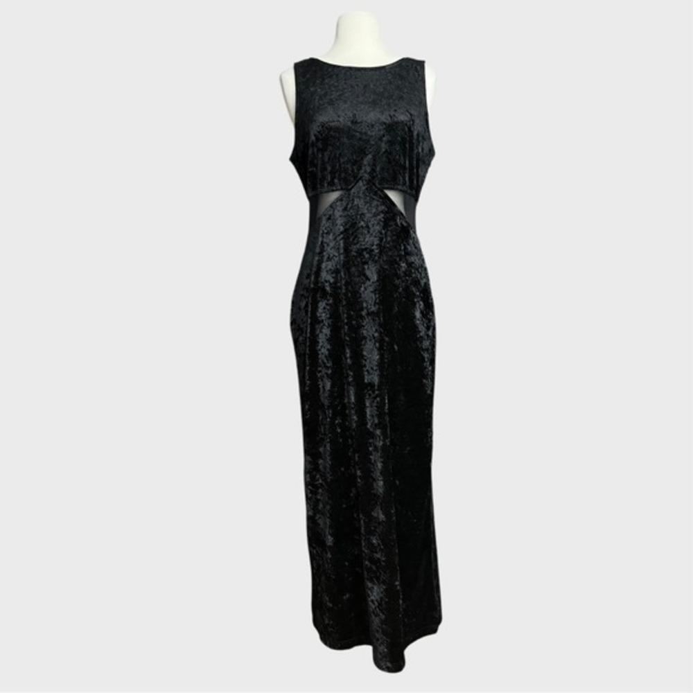 Vintage‎ 90's Medium Goth Black Crushed Velvet Maxi Dress Mesh Cutout Gothic